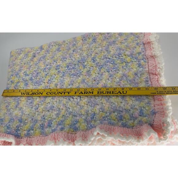 Handmade Crochet Baby Blanket Girl Pink White Blue Ruffed Trim Hygge Soft Fuzzy - Picture 5 of 8